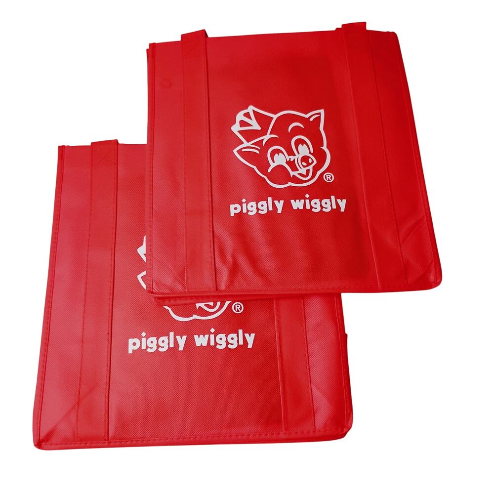 Piggly Wiggly Canvas Red White Reusable Shopping Bag 13"x12"x7" lot of 2